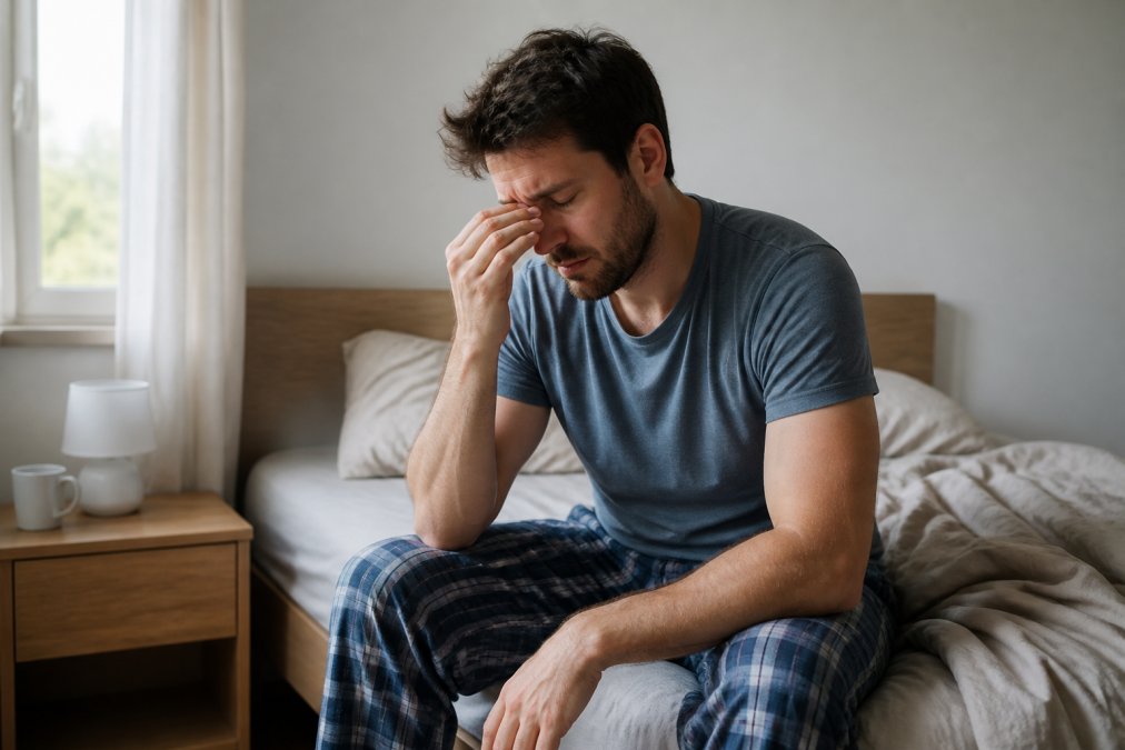 A tired-looking adult sitting on the edge of a bed in the morning, rubbing their eyes, with soft natural light coming through a window, conveying low energy and fatigue