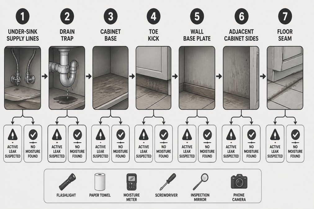Flowchart of a 7-step cabinet inspection sequence: under-sink supply lines, drain trap, cabinet base, toe kick, wall base plate, adjacent cabinet sides, floor seam. Before you start, gather four tools: a bright flashlight, a dry paper towel, a flat-head screwdriver, and a pin-type or pinless moisture meter. A basic pin-type meter reads moisture content as a percentage of wood weight; a pinless meter reads relative moisture through a surface. - [