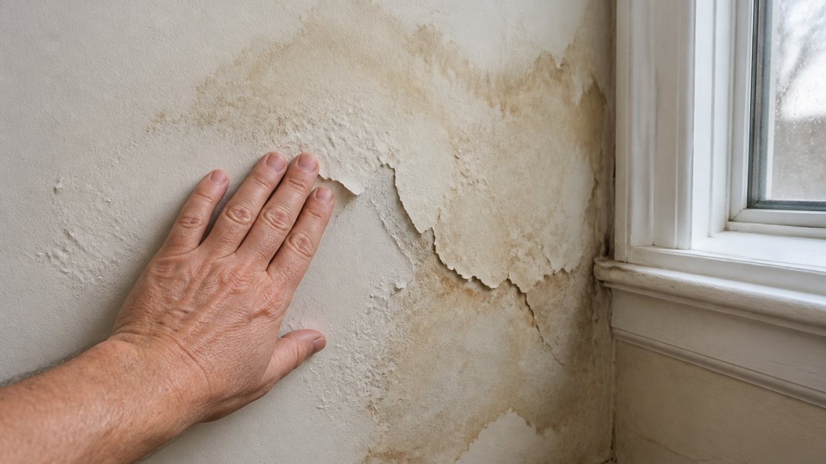 Close-up of a homeowner's hand touching a wall with bubbling, peeling paint and a visible brown water stain spreading across the drywall near a window frame