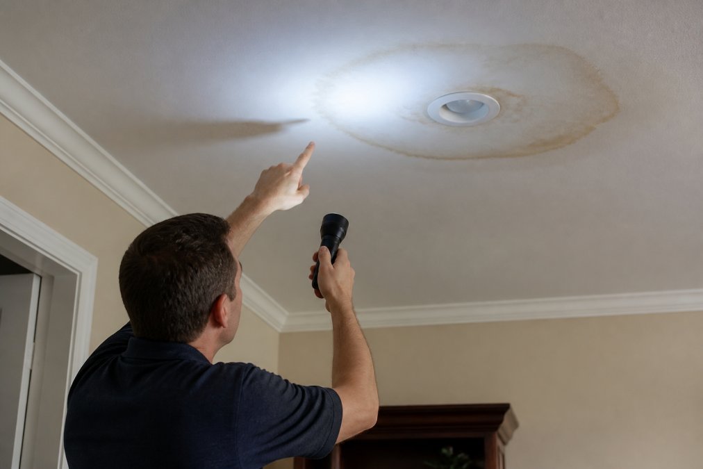 Homeowner using a flashlight to inspect water damage signs on a stained ceiling near a light fixture