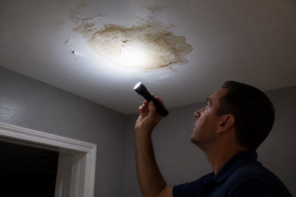 Infographic illustrating common signs of water damage under flat roof including ceiling stains and peeling paint.