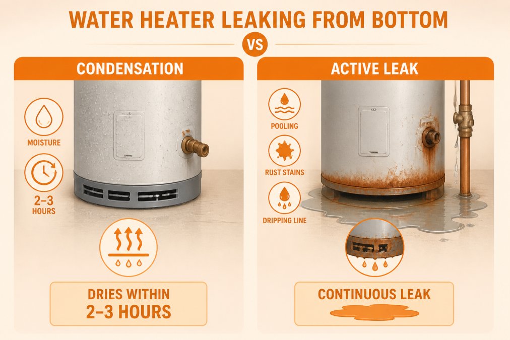 Side-by-side diagram comparing condensation versus an active leak on a water heater: left side shows clear moisture beads on a cold tank exterior drying within 2-3 hours; right side shows pooling water at the base, rust-colored stains, a corroded tank bottom, and a dripping water supply line