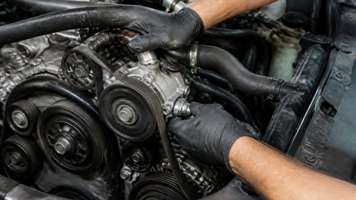 Professional technician's hands inspecting a water pump and surrounding hoses in an Acura engine bay, showing the pulley, serpentine belt, and coolant connections under bright shop lighting