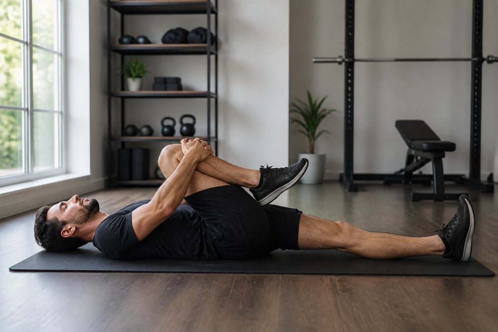 Person performing the Thomas test on a yoga mat to check for weak hip flexors in a bright home gym.