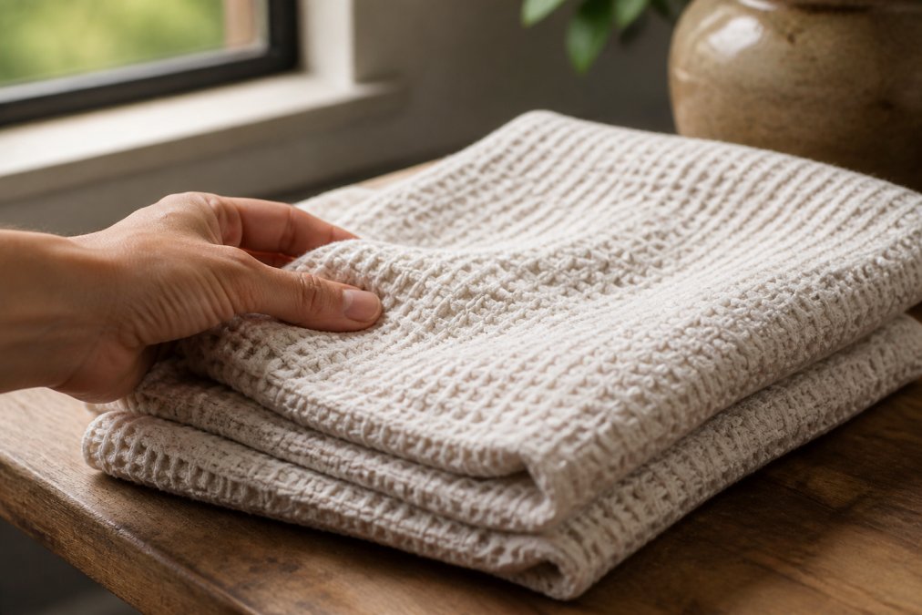 Close-up of a hand feeling the textured weave of a folded cotton waffle towel on a wooden table, soft natural light from a nearby window