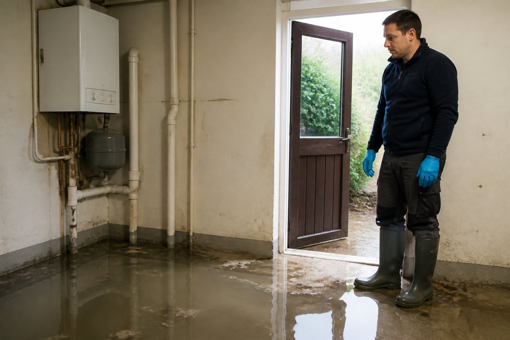 Homeowner wearing protective gear standing back from a sewage spill in a ventilated utility room during sewage cleanup
