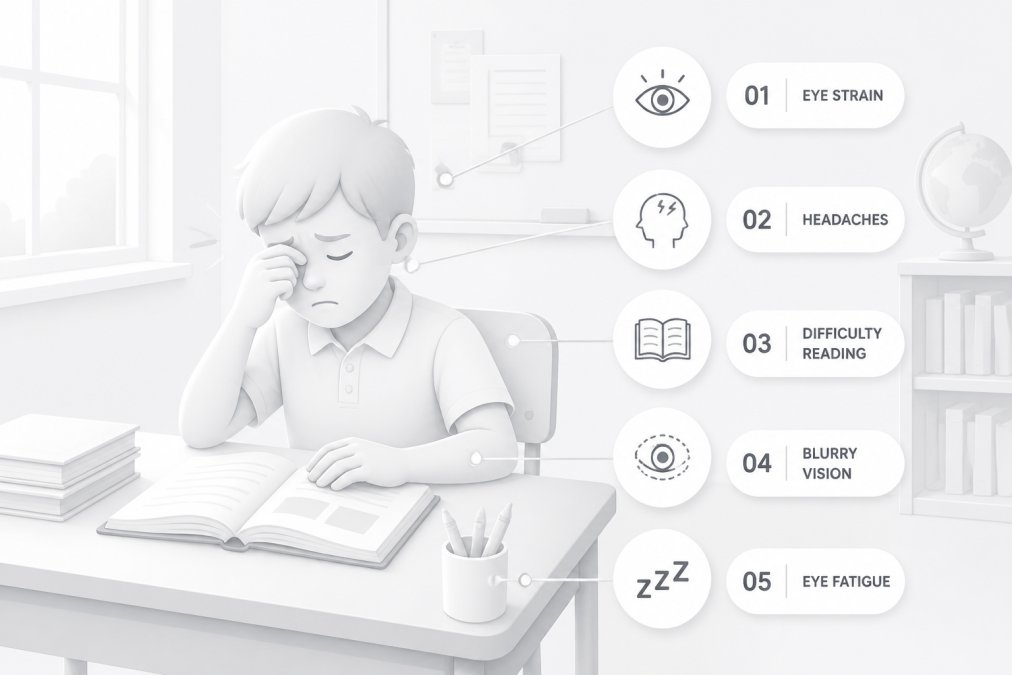 Child sitting at a school desk rubbing their eyes while reading a textbook, showing signs of eye strain and fatigue in a bright classroom setting