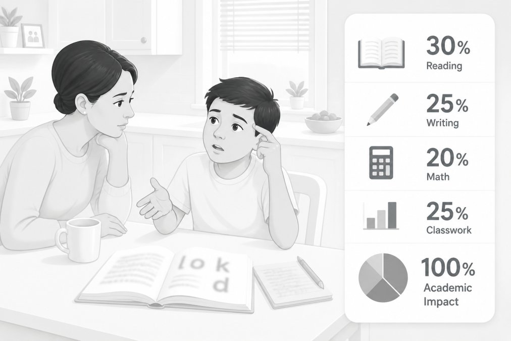 Parent and school-age child having a caring conversation at the kitchen table, with the child gesturing while explaining reading difficulties to the parent in a warm home setting