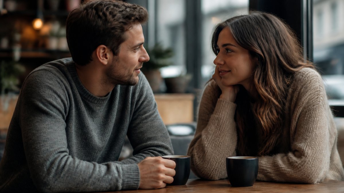 A couple sharing an intimate conversation in a cafe as signs someone wants long term commitment through eye contact.