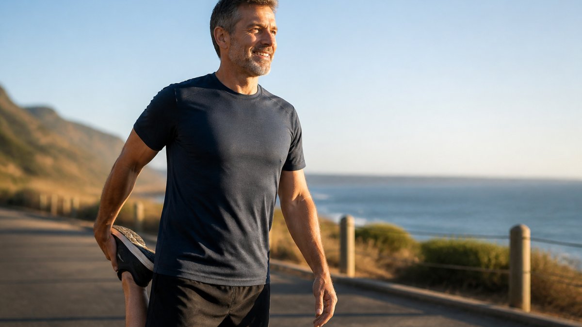 Middle-aged man in athletic wear stretching outdoors in morning sunlight, appearing energized and confident with a relaxed posture