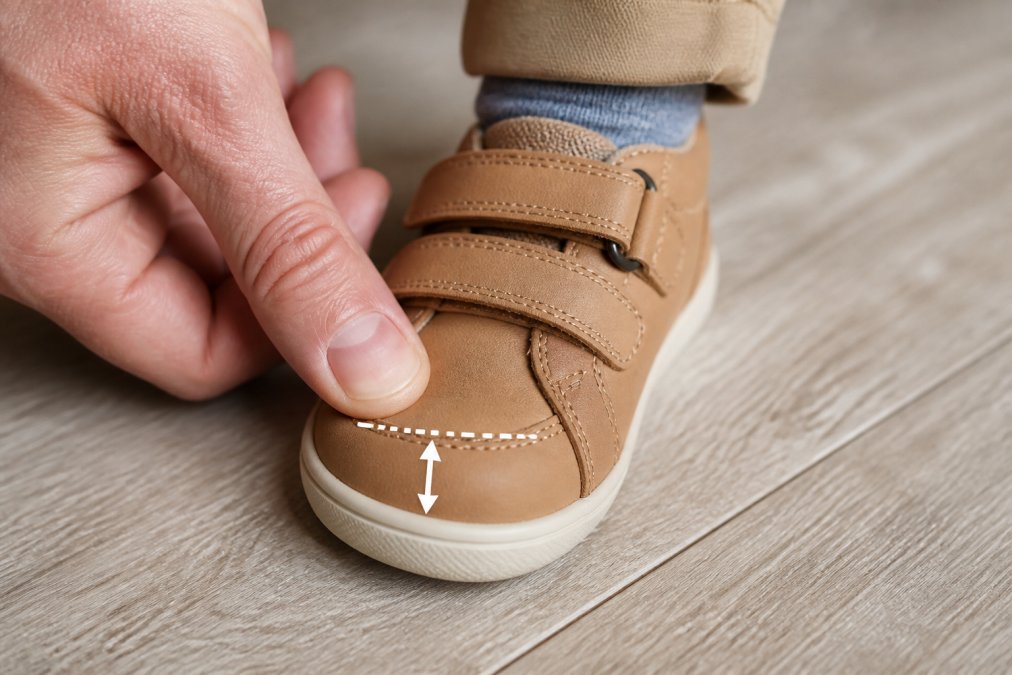 Diagram showing the ideal 10–12 mm gap between a toddler's longest toe and the front of a shoe.