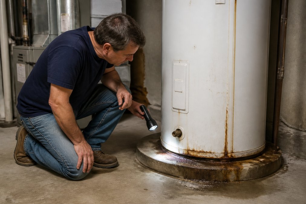 A homeowner in casual clothes kneeling beside a residential water heater in a basement, holding a flashlight and inspecting the base for leaks and rust streaks