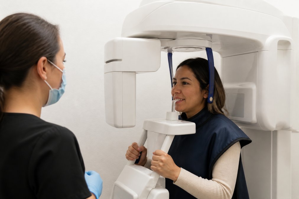 Patient seated in dental chair undergoing 3D CBCT imaging scan with modern cone beam equipment in bright clinical setting