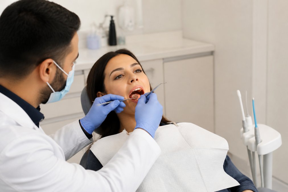 Patient sitting in dental chair during examination with dentist using digital imaging technology in a calm, bright, modern clinic environment