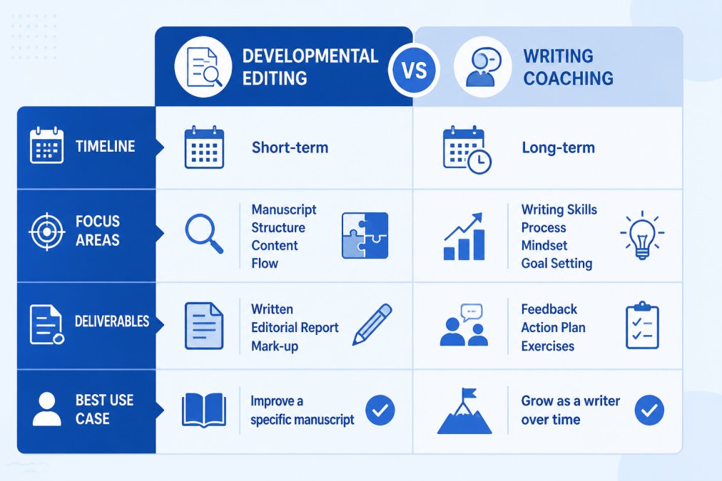 Comparison matrix showing key differences between developmental editing and writing coaching: timeline, focus areas, deliverables, and best use case for each