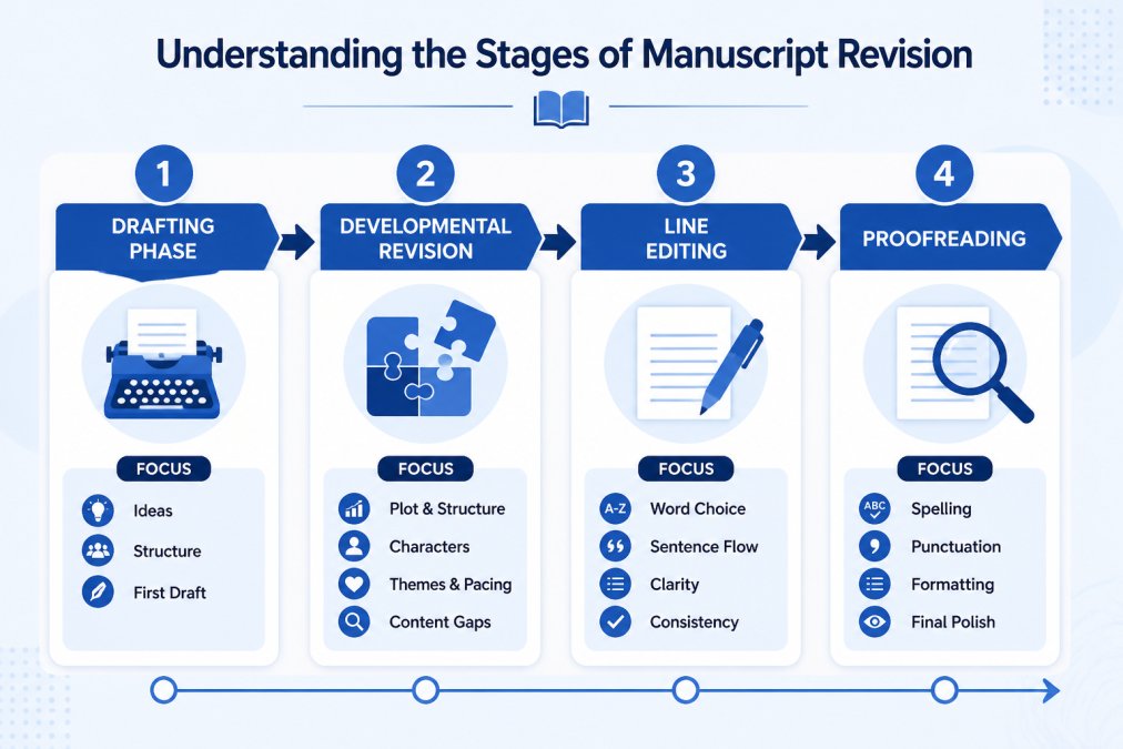 Visual flowchart showing the four stages of manuscript revision: drafting phase, developmental revision, line editing, and proofreading, with key focus areas for each stage
