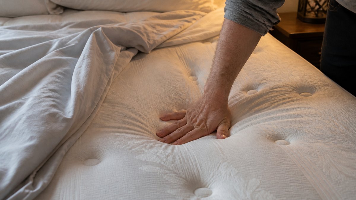 Close-up of a person's hand pressing into a visible dip in the middle of an older mattress, bedsheets pulled back, soft bedroom light revealing the sunken surface