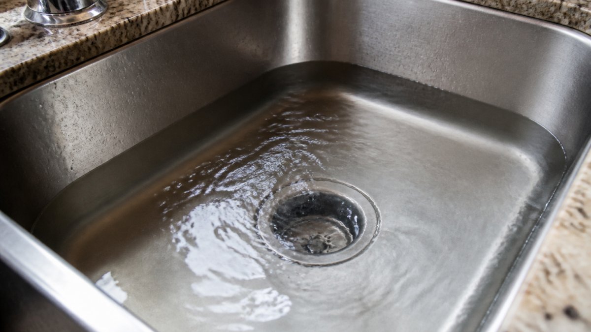 Close-up of a slow-draining kitchen sink with water pooling around the drain, showing visible water backup in stainless steel basin with overhead natural lighting
