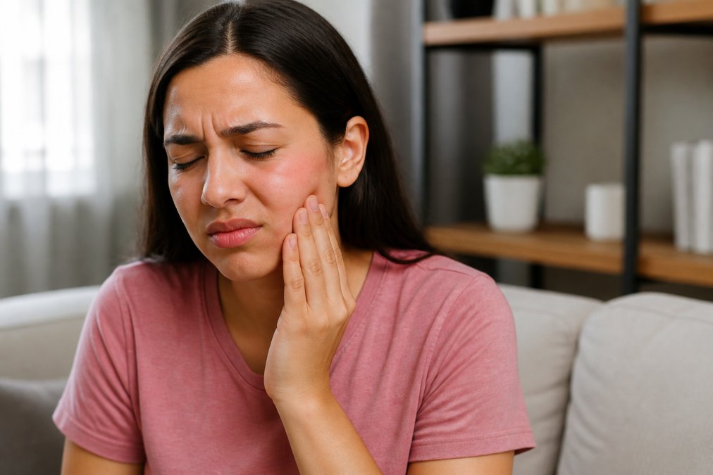 Person holding hand to cheek with visible discomfort, showing facial swelling near jaw area in natural lighting, demonstrating dental distress