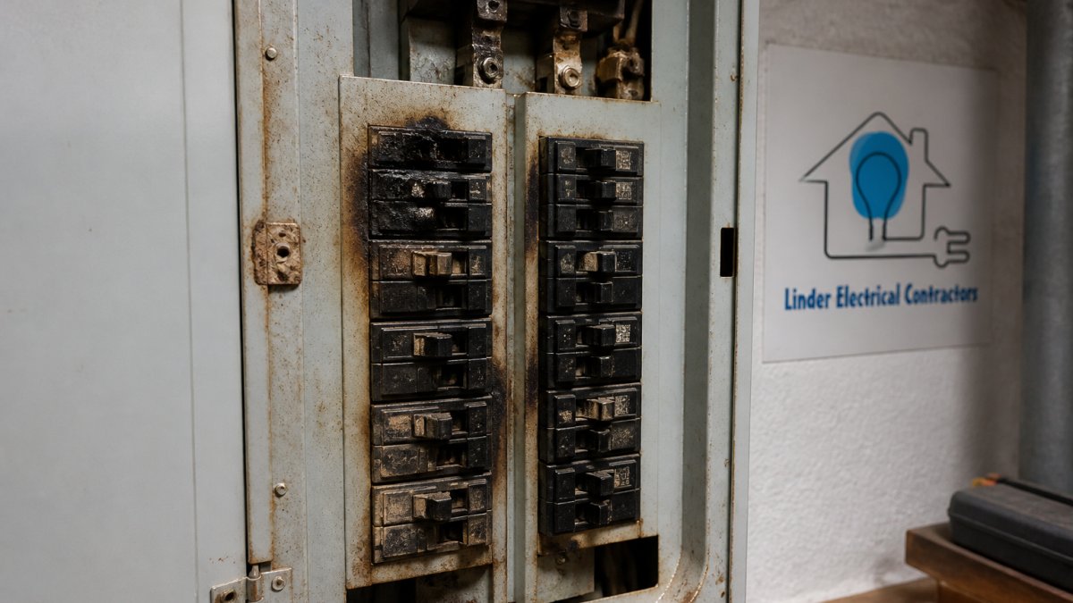 Infographic highlighting signs requiring an electrical panel upgrade like scorch marks, corrosion, and melting.