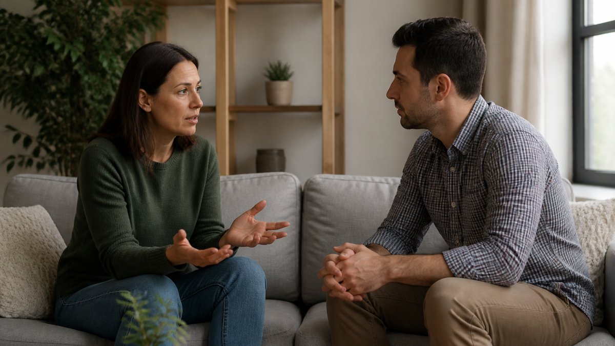 Couple sitting together on couch having a calm, thoughtful conversation with open body language and attentive expressions in a comfortable living room setting