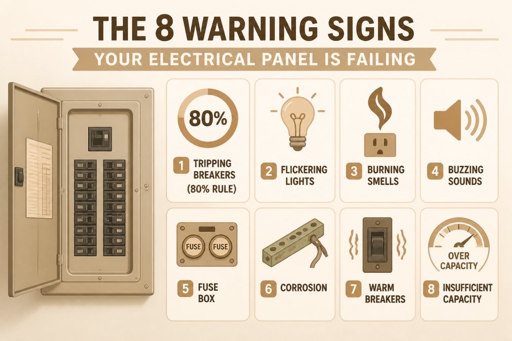 Infographic checklist of 8 warning signs: tripping breakers (80% rule), flickering lights, burning smells, buzzing sounds, fuse box, corrosion, warm breakers, insufficient capacity, each with an icon and short label