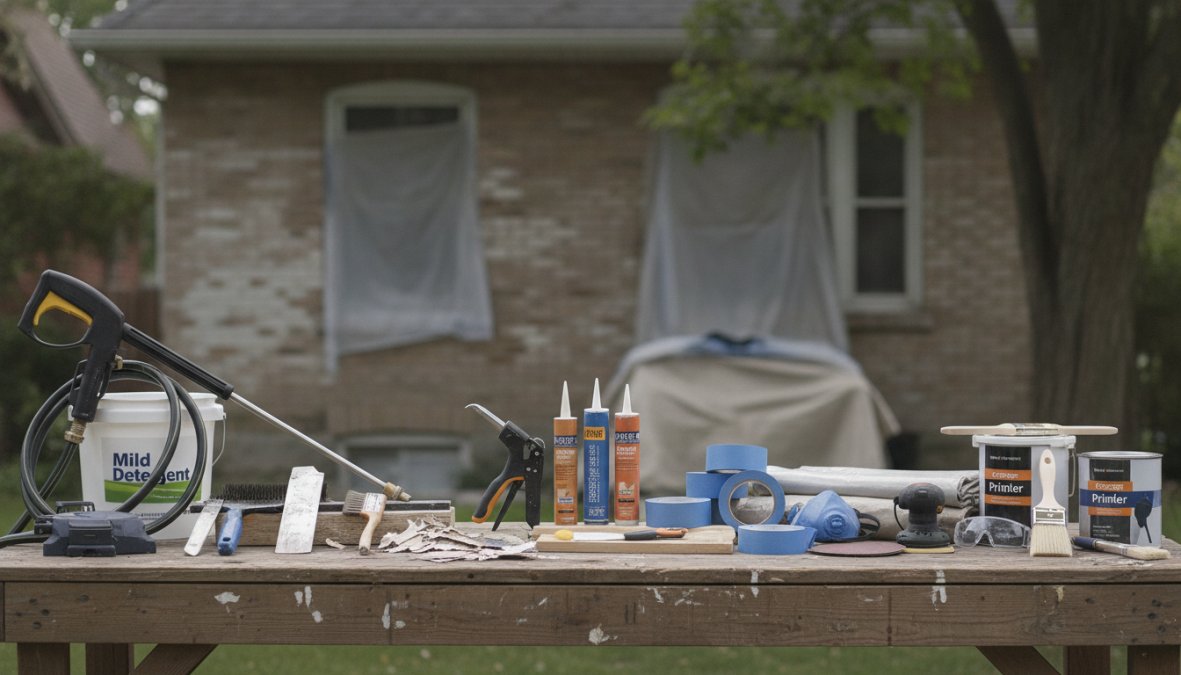 A professional painter in work gear pressure-washing the exterior siding of a Toronto home on a bright overcast day, with water streaming down the clapboard siding and pooling on the concrete pathway below