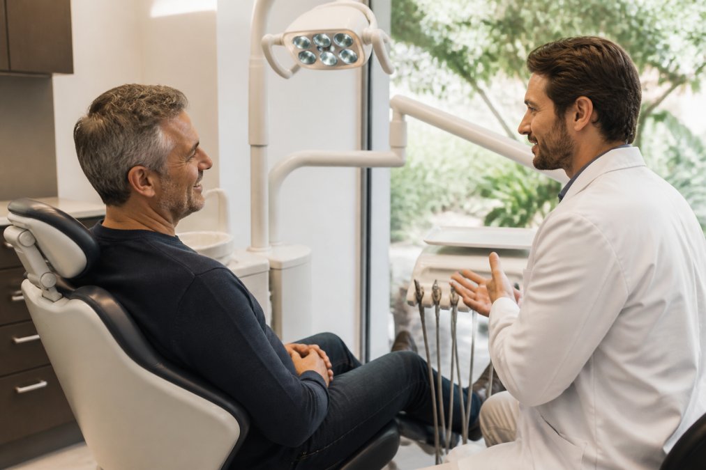 A middle-aged adult sitting in a modern dental chair, speaking with a caring dentist who is reviewing digital X-rays on a large screen nearby, warm overhead lighting and a reassuring clinical environment