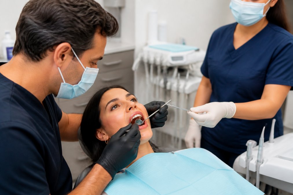 Close-up of a dentist using a dental mirror and probe to examine a patient's teeth during an examination, with a dental assistant nearby handing instruments, modern dental equipment visible in a clean, brightly lit operatory