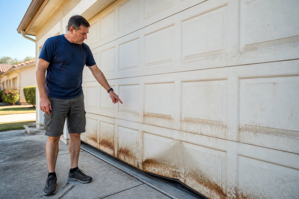 A homeowner in a suburban driveway inspecting a visibly worn garage door with rust spots and a dented lower panel, pointing at a sagging section under bright afternoon sunlight