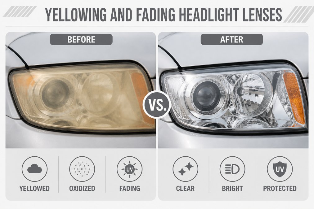 Diagram comparing a yellowed, oxidized headlight lens to a clear lens to illustrate the need for headlight restoration