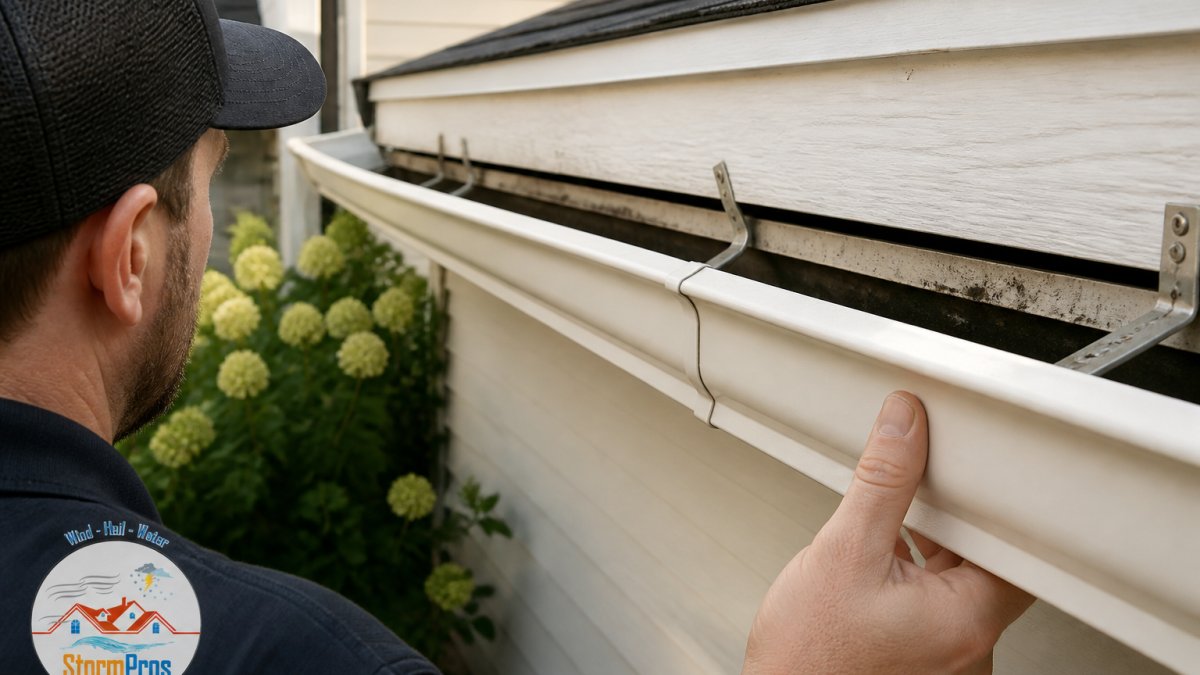 Close-up of residential gutter visibly sagging and pulling away from white fascia board, showing a visible gap between gutter edge and house exterior in afternoon sunlight