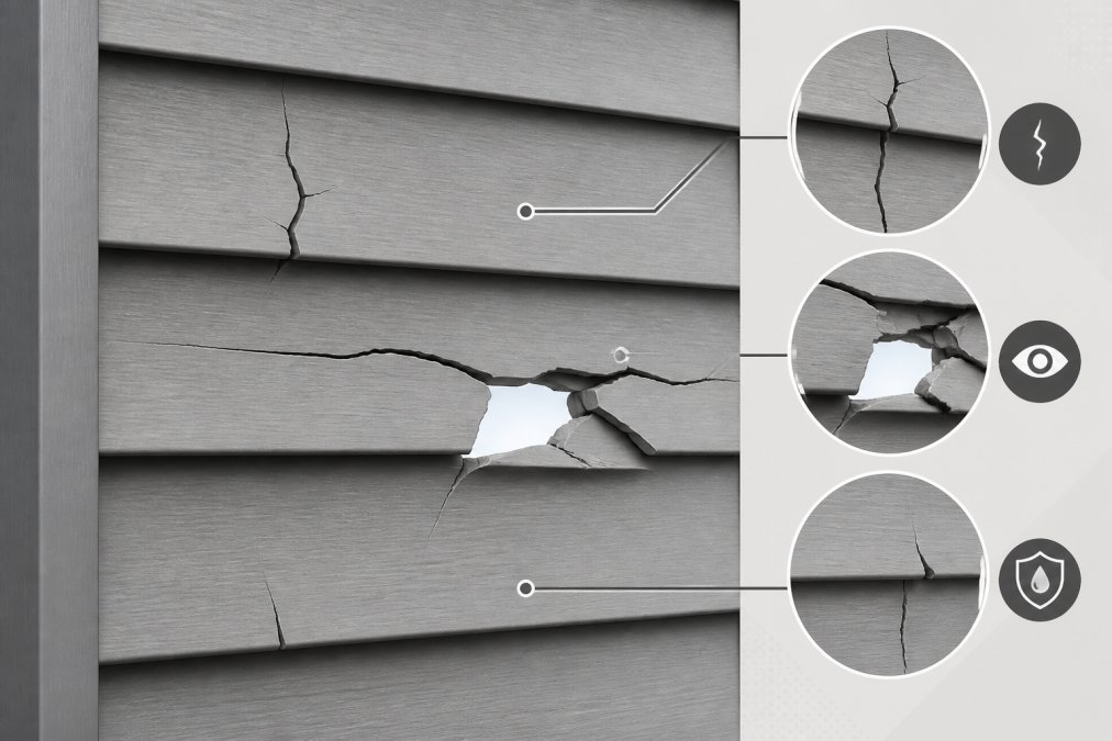Close-up of weathered vinyl siding showing visible cracks and fractures with daylight visible through damaged areas, taken during overcast afternoon