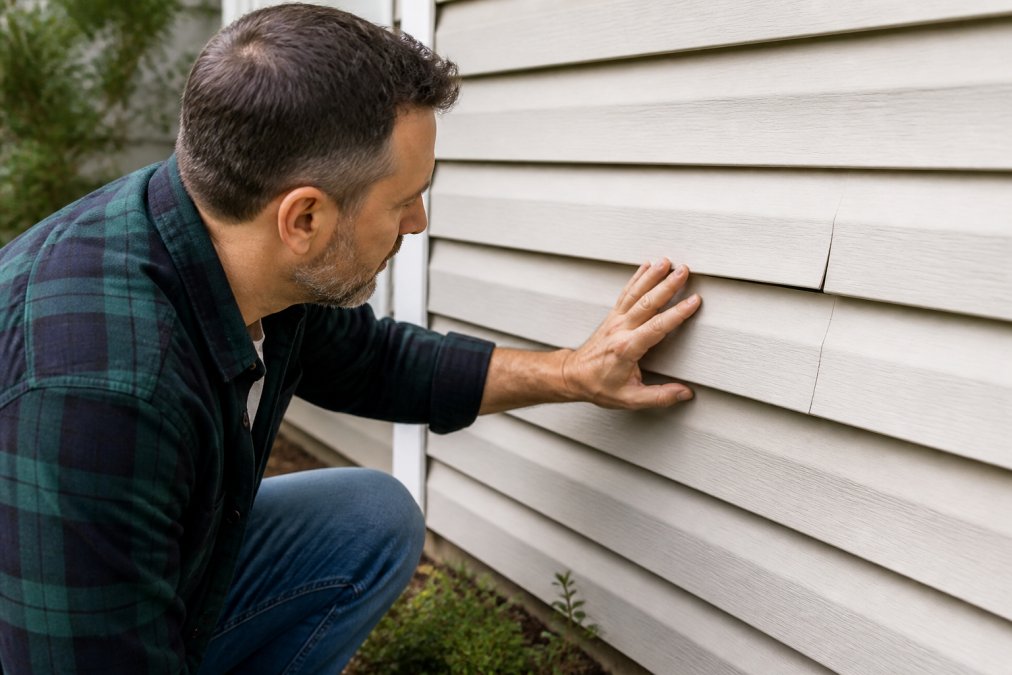 Homeowner using hand to closely examine vinyl siding panels during exterior inspection in natural daylight, checking for cracks and damage