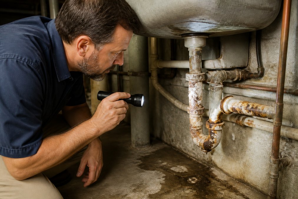 A homeowner kneeling in a basement examining exposed corroded pipes under a sink, holding a flashlight, with visible rust and mineral buildup on the pipe joints