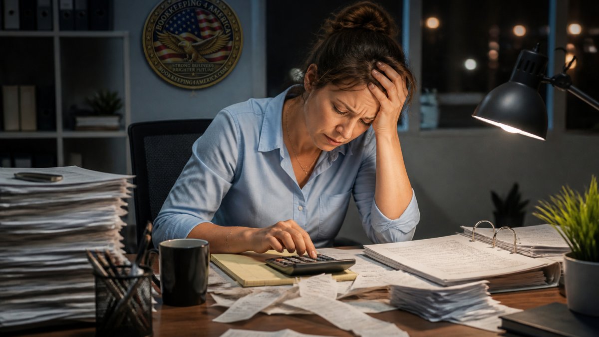 Small business owner at desk surrounded by papers, receipts, and calculator, looking frustrated while working late in office