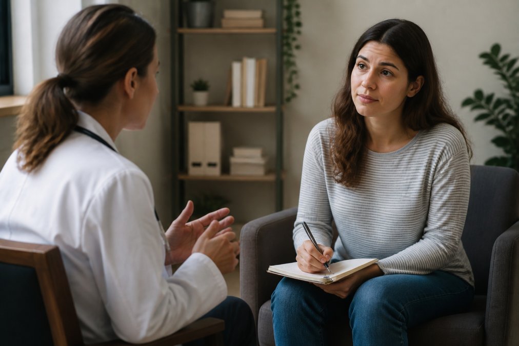 Patient sitting across from a healthcare provider in a calm clinical office, engaged in conversation, with the patient appearing comfortable and attentive while taking notes