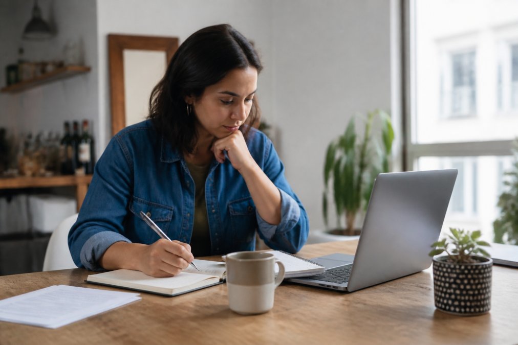 Person at a desk with a laptop and notebook, researching and taking notes about therapy options, looking thoughtful and proactive while exploring different mental health resources