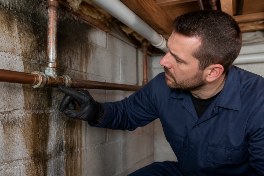 Professional plumber in work uniform inspecting water damage around a basement copper pipe joint, pointing out visible corrosion, mineral deposits, and water staining on the pipe fitting under bright overhead lighting