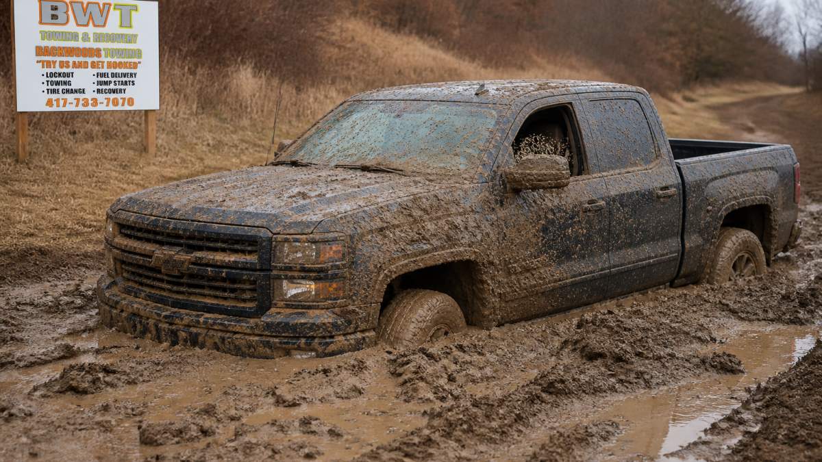 Pickup truck deeply embedded in thick brown mud with wheels partially submerged, showing the difficulty of extraction without professional equipment and demonstrating why professional winch out services are necessary