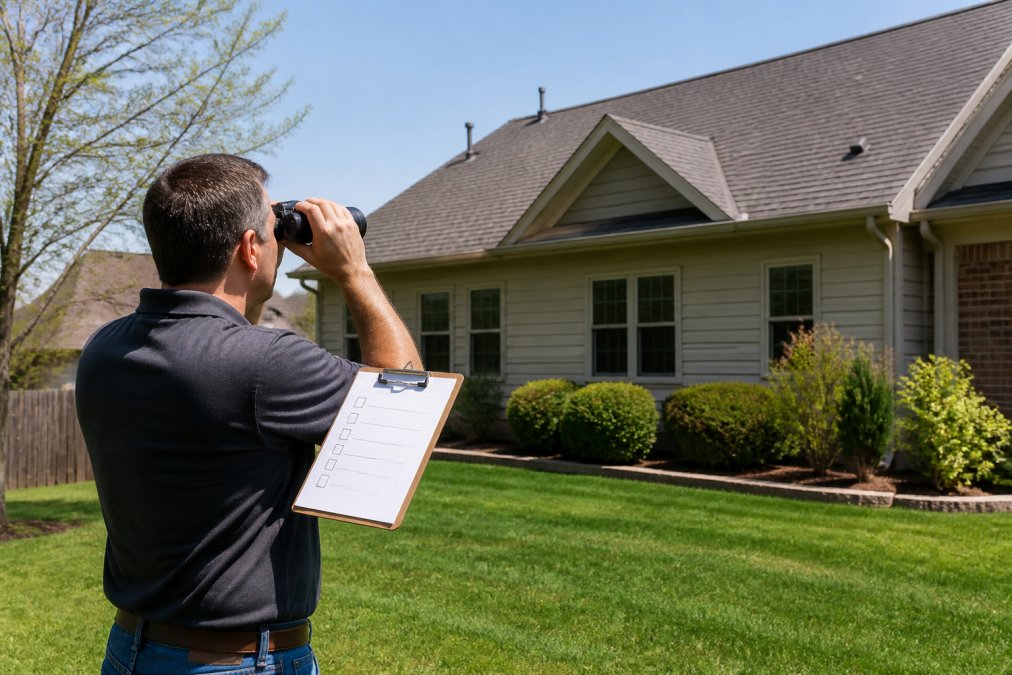 A homeowner standing safely in their backyard using binoculars to inspect their roof from the ground, with a clipboard and checklist in hand on a clear sunny day