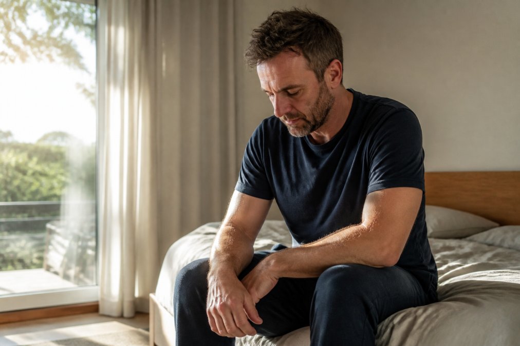 A man sitting on a bed in morning light, reflecting on somatic intimacy coaching needs.