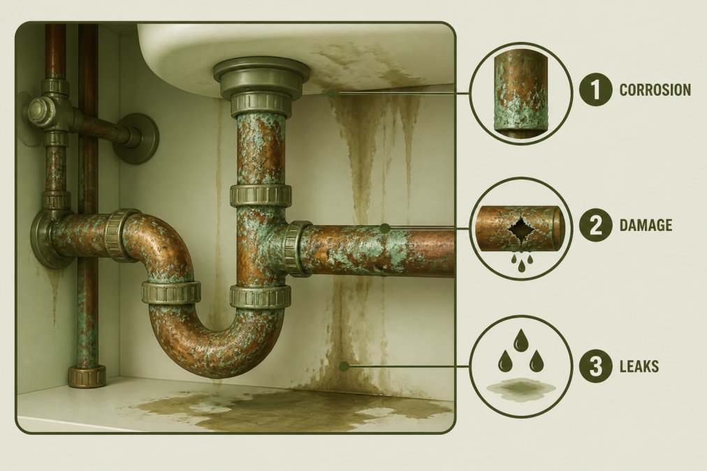 Close-up of corroded copper pipes showing green patina and visible deterioration under a residential sink with water stains