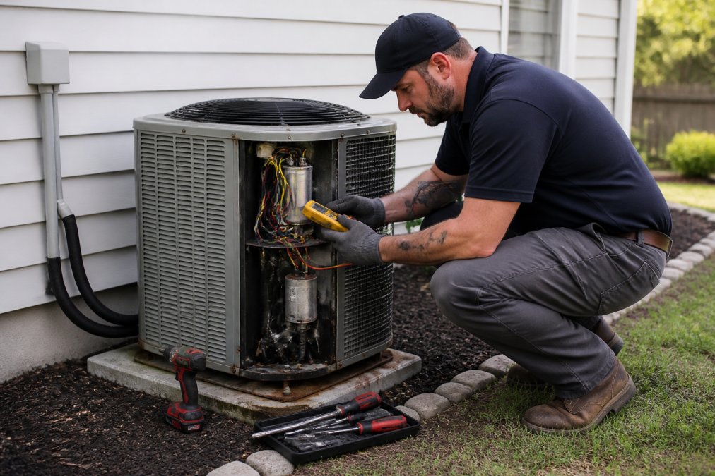A licensed HVAC technician crouching beside an outdoor condenser unit on a bright sunny day, examining components with a multimeter and hand tools laid out on the concrete pad nearby