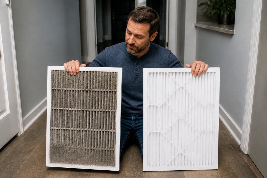A homeowner in a hallway holding a visibly dirty gray air filter next to a clean white replacement filter, comparing the two side by side under bright overhead lighting