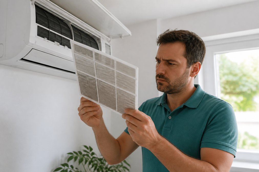 Homeowner inspecting an indoor AC unit mounted on wall, checking the air filter with a concerned expression in bright natural light
