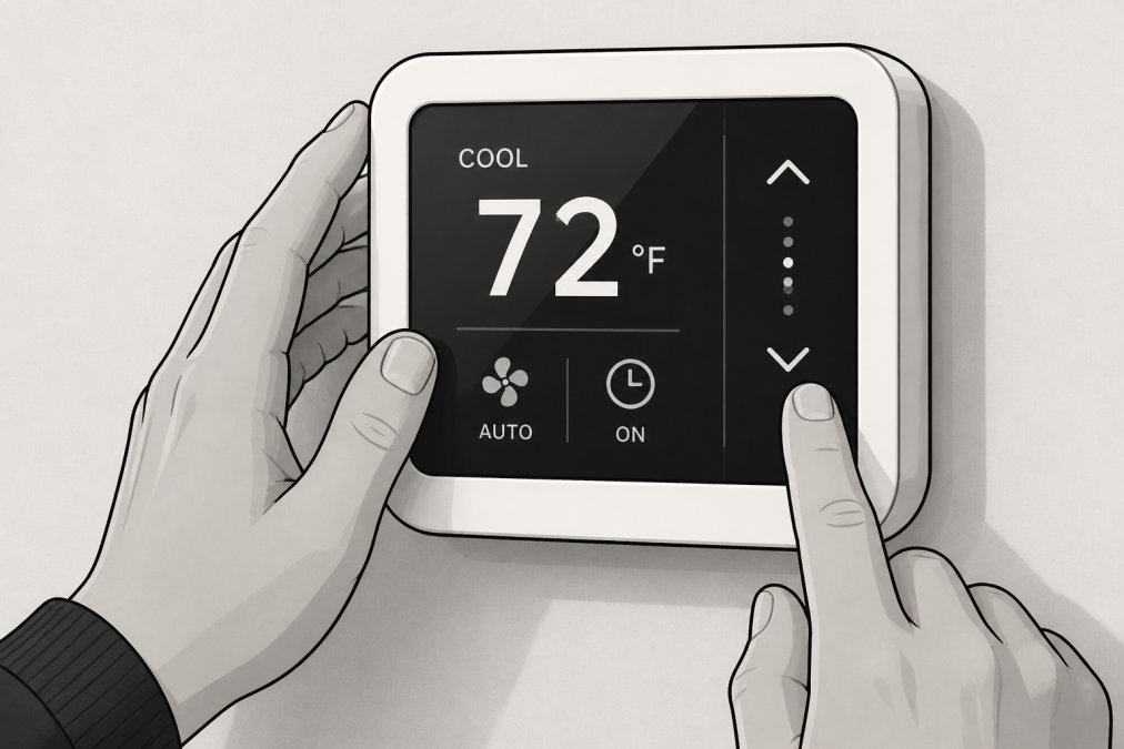 Close-up of homeowner's hands adjusting a wall-mounted digital thermostat, with display screen clearly visible showing temperature settings