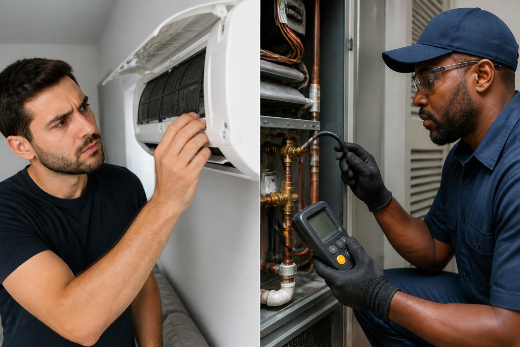 Certified HVAC technician in uniform using professional electronic leak detection equipment to diagnose an indoor AC unit, holding the sensor probe near refrigerant connections with focused concentration