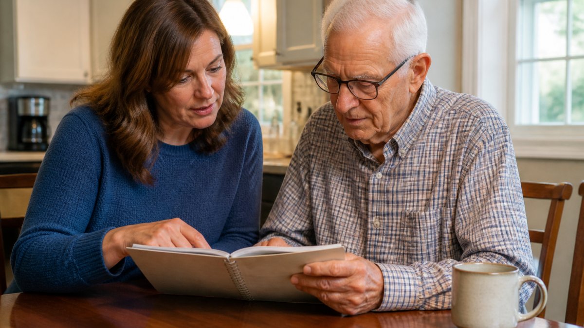 An adult daughter sitting at a kitchen table with her aging father, looking at a notebook together with a warm, concerned expression, soft natural light through a window