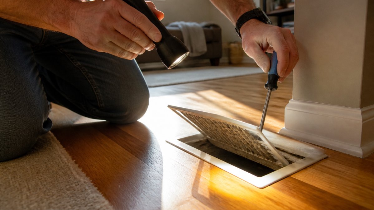 Homeowner using a flashlight and screwdriver to inspect dusty air ducts through a floor vent cover